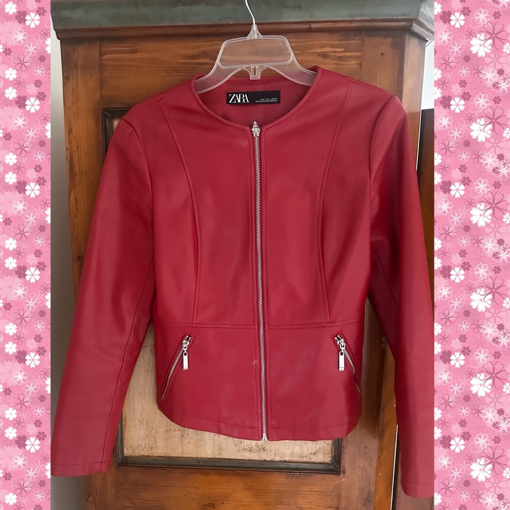 ZARA Women's Red Faux Leather Zip-Front Jacket